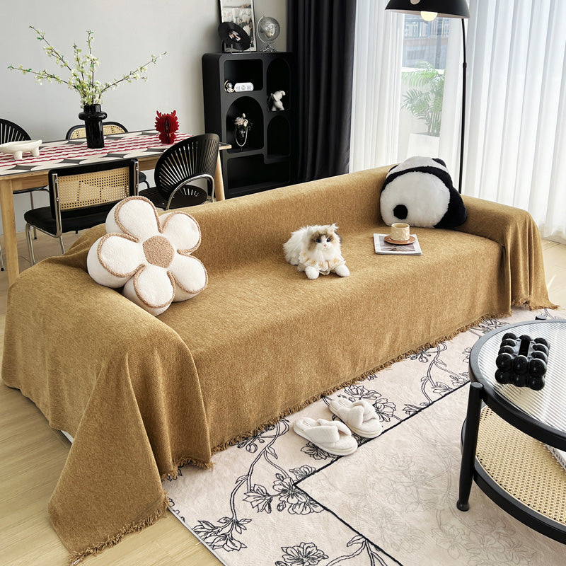 Gewebter Sofaüberwurf Camel, über ein Sofa gelegt