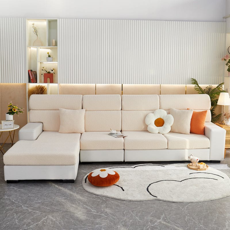 Bezug aus Fleece für Sitz- und Rückenkissen, Beige Flechtmuster, auf den Sitz- und Rückenkissen eines Sofas