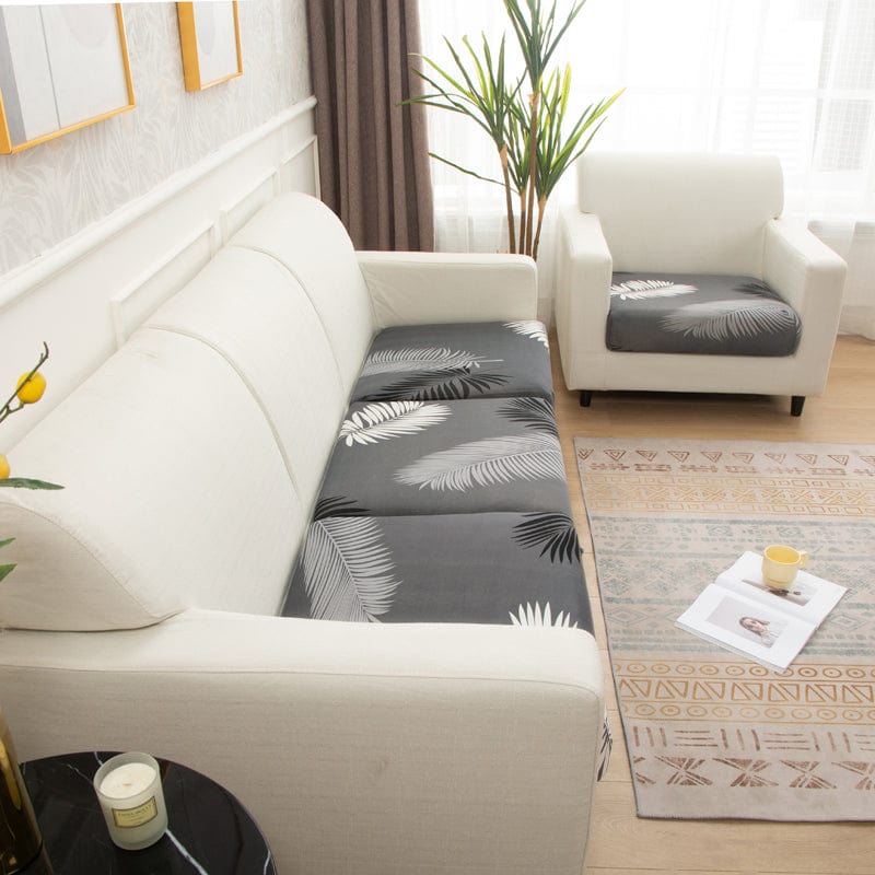 Stretch-Bezug für Sitz- und Rückenkissen, Grau Palmen, auf den Sitz- und Rückenkissen eines Sofas