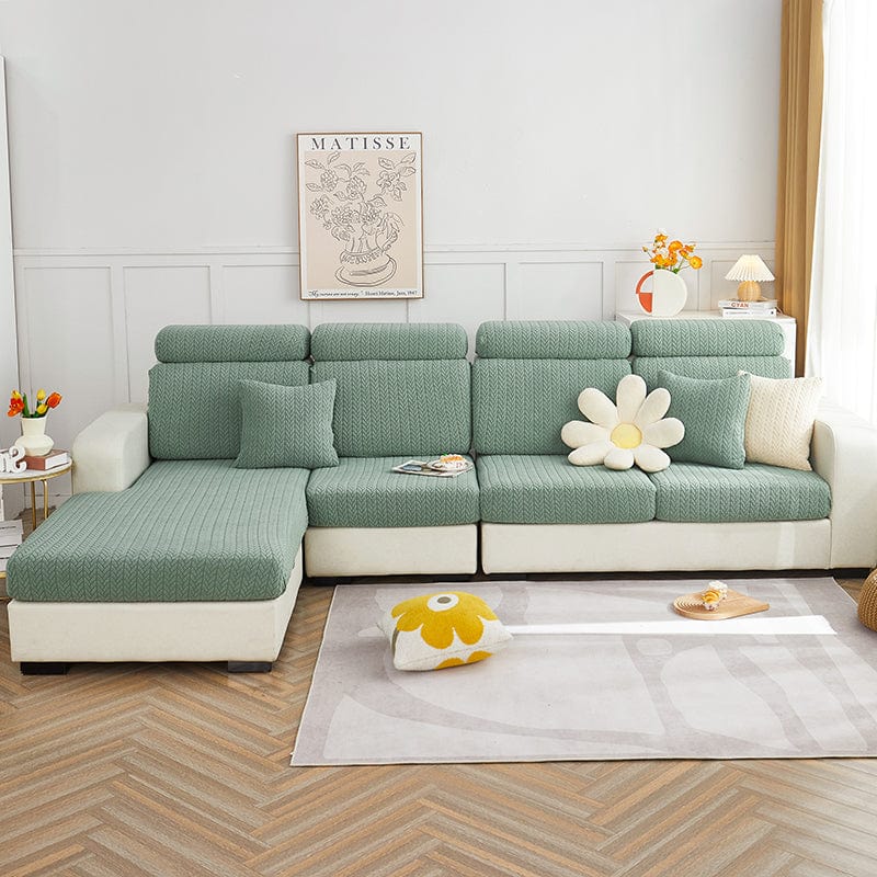 Bezug aus Fleece für Sitz- und Rückenkissen, Grün Zopfmuster, auf den Sitz- und Rückenkissen eines Sofas